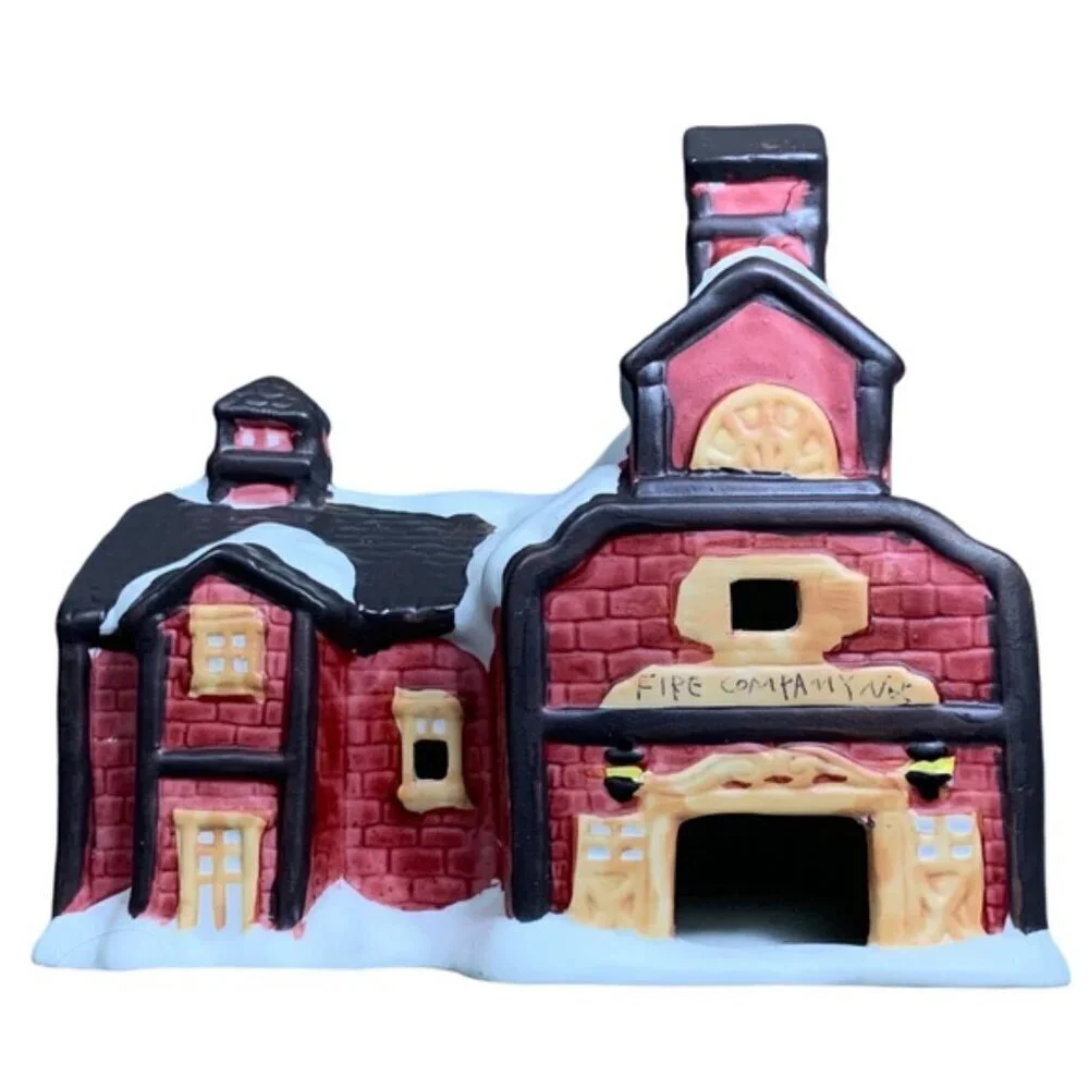 Vintage Christmas Village Light Up Fire House Porcelain Bisque by Liberty Bell